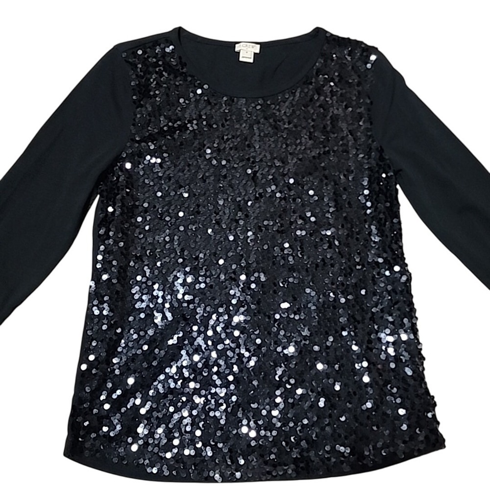 J Crew Black Sequin Tee M Long Sleeve Top Round Neck Party Glam Sparkle‎